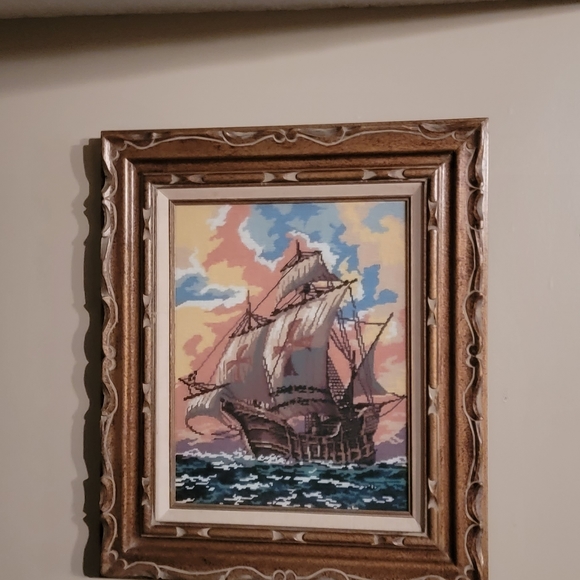 BEAUTIFUL ANTIQUE FRENCH CROSS TAPESTRY SHIP  ON SEA 23X26 - Picture 7 of 8